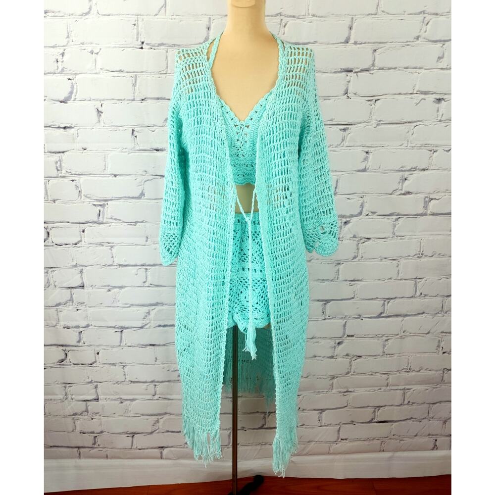Crochet Set Shorts Halter Cardigan Womens S Teal Green Summer Beachy Tropical - Picture 2 of 12